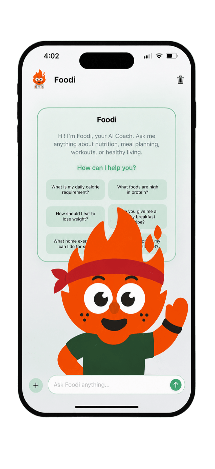 Foodify's Foodi AI coach chat screen with suggested nutrition questions