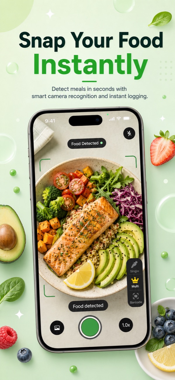 Foodify AI camera detecting multiple foods on a plate, a lower-cost alternative to pricier photo-scanning apps