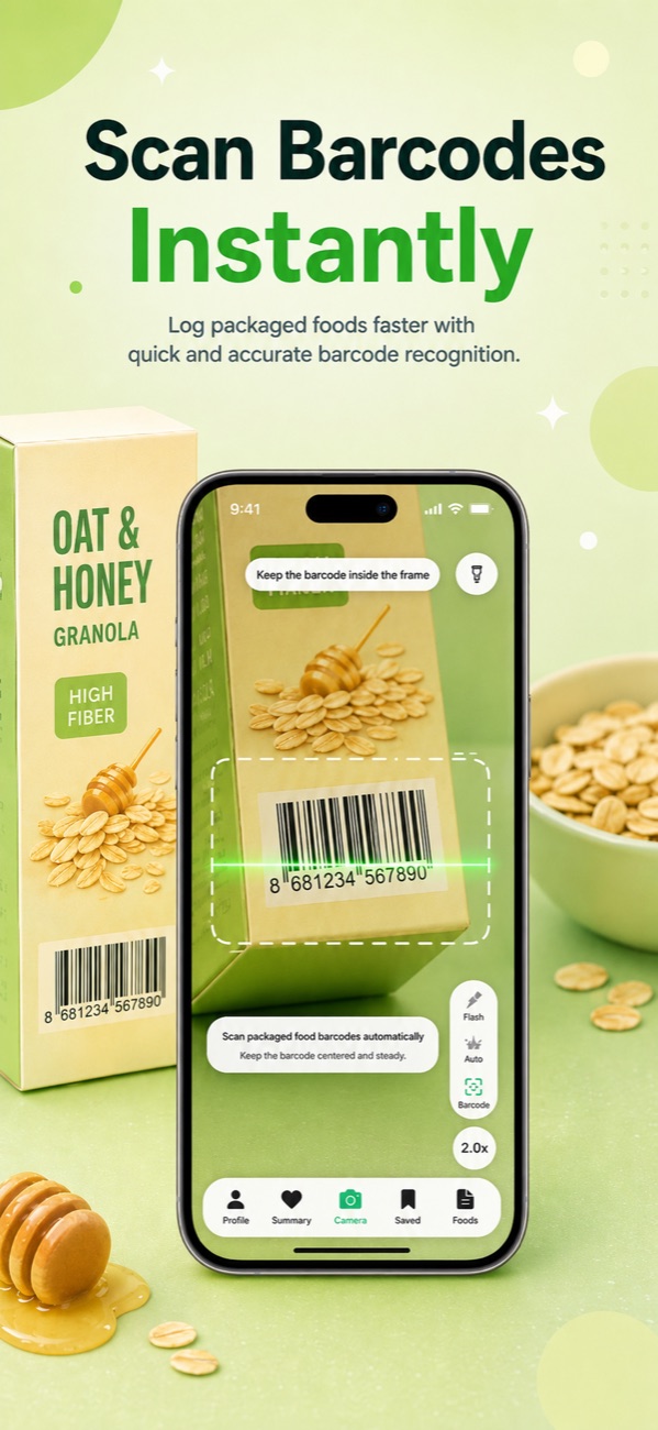 Foodify's free barcode scanner reading a granola box — a calorie counter app that doesn't paywall barcode scanning