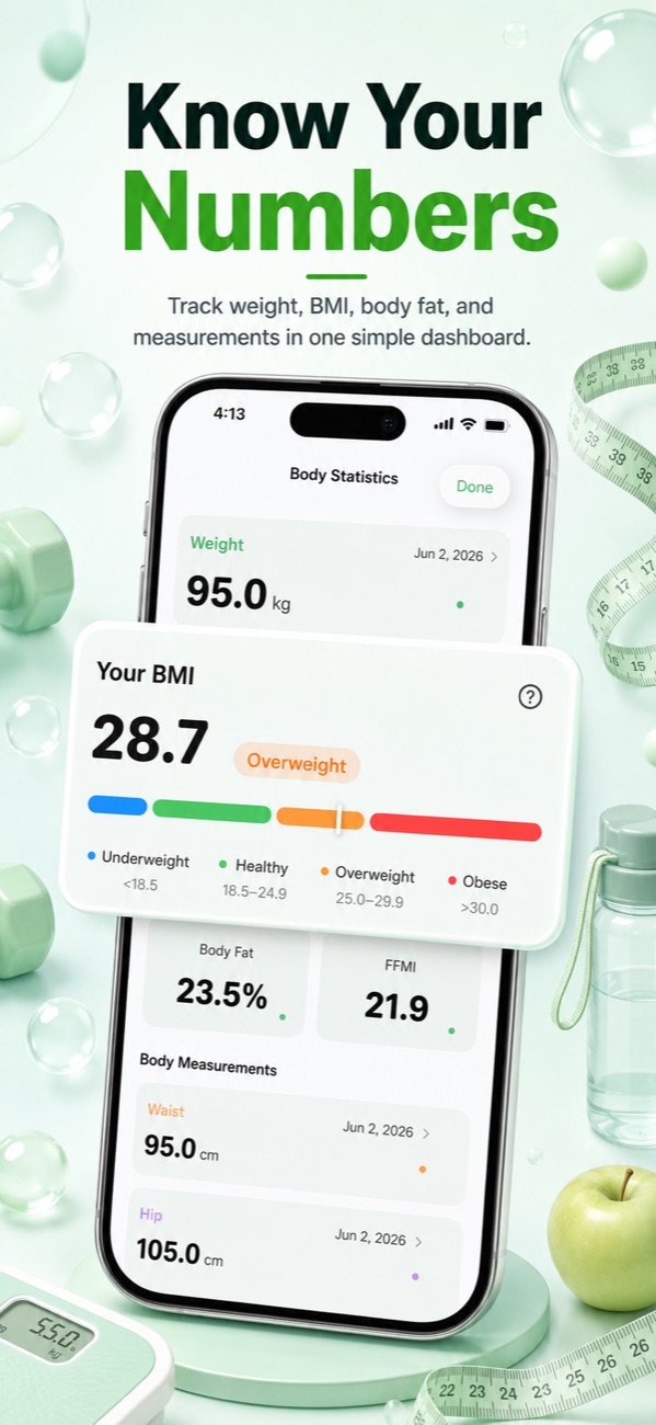 Foodify body stats dashboard showing weight and body measurements tracked alongside Apple Health calorie data