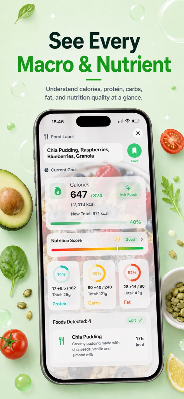 Foodify AI calorie counter app showing a scanned meal's calorie and macro breakdown with a Nutrition Score of 77