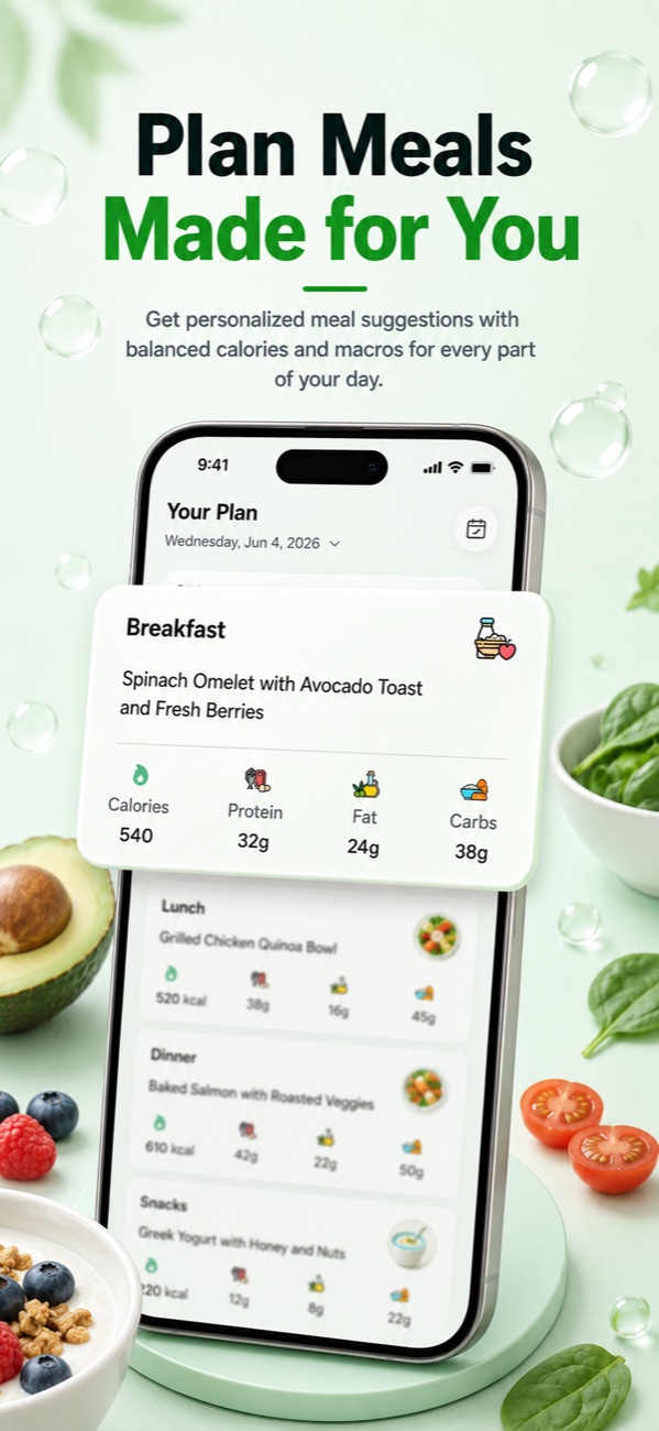 Foodify personalized daily meal plan showing calories per meal, a way to count calories without weighing food