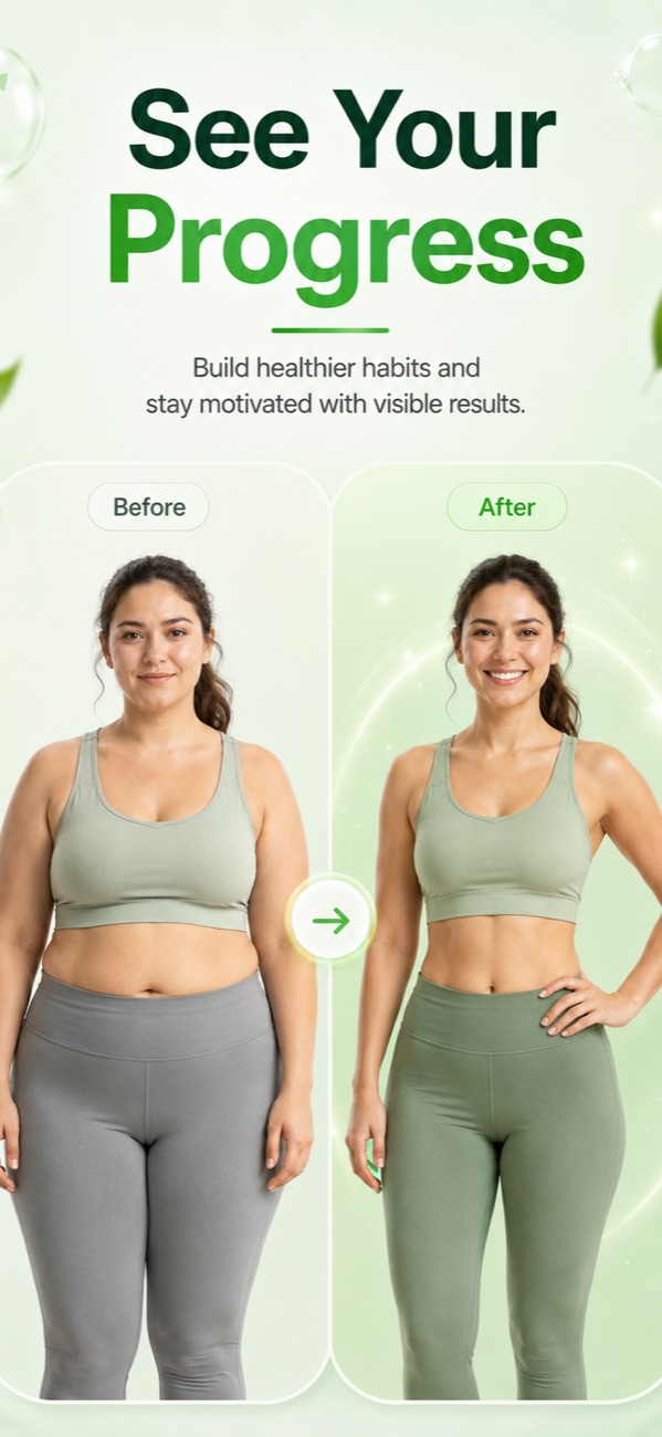 Before and after weight loss progress tracked in a calorie counter app that syncs activity data with Apple Health