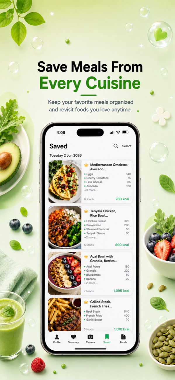 Foodify saved meals library showing reusable homemade recipes for quick calorie logging