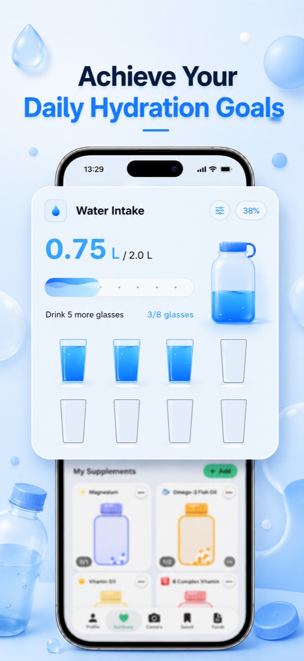 Daily water intake tracker with hydration goal in the Foodify app